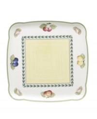 Bring the lush bounty of the French countryside to your table with this cheery square platter. Fresh summer fruits and a leaf garland adorn this durable porcelain square plates collection from Villeroy & Boch.