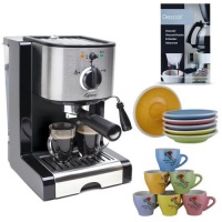 Capresso Ec100 Refurbished Pump Espresso and Cappuccino Machine + Set of 6 Espresso Cups & Saucers Tri Color + Urnex Dezcal Home Activated Coffee/ Espresso Descaler