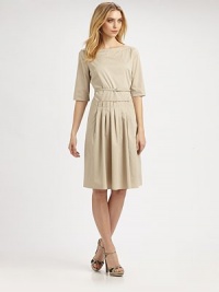 Stylish and sophisticated, this stretch cotton, boatneck dress also features a waist-defining belt and a flattering skirt. BoatneckElbow-length sleevesPleat details at belted waistSlash pocketsExposed back zipperAbout 40 from shoulder to hem67% cotton/28% polyester/5% elastaneDry cleanImported Model shown is 5'10½ (179cm) wearing US size 4. OUR FIT MODEL RECOMMENDS ordering true size. 