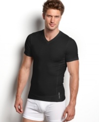 Stay cool and look cool in this slim fit Calvin Klein v-neck t-shirt featuring moisture wicking technology.