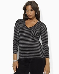 A sweet and simple metallic-stripe shirt in cotton jersey embodies feminine charm with a V-neckline and LRL-engraved buttons at the shoulder.