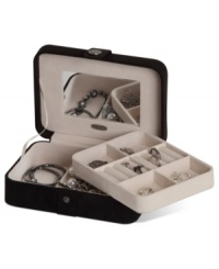 Keep gorgeous accessories under wraps in the Giana jewelry box from Mele & Co. Remove the lift-out tray with ring rolls and divided sections to reveal even more compartments, perfect for larger pieces.