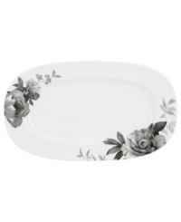 Subdued in shades of gray, the vivacious florals of Moonlit Garden dinnerware adorn this sleek white hors d'oeuvres serving tray with modern romance. In durable Lenox porcelain.