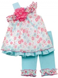 Rare Editions Baby-Girls Aqua Pink Flower 1-Shoulder Capri Set 6M (E664253)