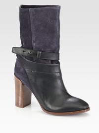 This Western-inspired colorblock design fuses leather and suede for an unexpected mix.Stacked heel, 3¾ (95mm)Shaft, 8½Leg circumference, 11Leather and suede upperLeather wrap-around strap with pin closureLeather lining and solePadded insoleMade in Italy