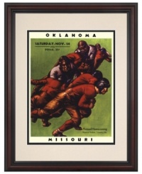 Start your very own Missouri football hall of fame with this artfully illustrated program cover from the 1931 homecoming game against Oklahoma. With a cherry-finished wood frame.