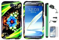 Blue Aqua Flower Green Stripes On Black Premium Design Protector Hard Cover Case for Samsung Galaxy Note II N7100 (AT&T, Verizon, T-Mobile, Sprint, U.S. Cellular) Android Smart Phone + Luxmo Brand Travel (Wall) Charger & Car Charger + Screen Protector Fil