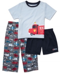 He'll want to sound the siren for bed if it means mixing and matching the fun style of this jersey tee, shorts and pajama pants set from Carter's.