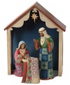 Capturing the tranquility and unbelievable wonder of the manger scene, this nativity adds new colors and brilliant designs to Mary, Joseph and baby Jesus' garments. The quaint stable is set against the dark of night and prominently displays the captivating star.