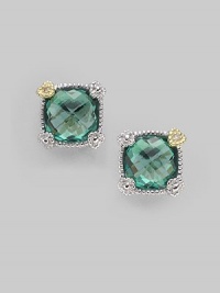 From the Linen Collection. A small cushion-cut green quartz stone shimmers in a sterling silver and 18K gold setting.Green quartz 18K gold Sterling silver Width, about ¼ Post backs Imported 