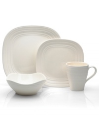 Evoking the natural appeal of thrown pottery, the Swirl 4-piece place settings are from Mikasa dinnerware. The dishes of this set bring unfussy elegance to your table in classic stoneware. This white collection comes in soft square shapes for a contemporary edge.