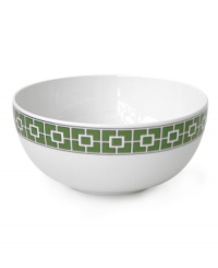 Anything but square, the Nixon serving bowl from Jonathan Adler's collection of serveware and serving dishes shapes things up with a fantastic geo print in green, white and dazzling platinum.