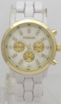 Finesse Quartz Chronograph Look White Plastic Band Gold Case with Rhinestone