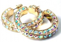 Trendy Three Sided Gold Hoop Earrings with Sparkling AB (Aurora Borealis) Austrian Crystals