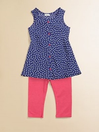 Pretty little polka dots and contrasting buttons add punch to a charming, flared tunic, paired with soft leggings.Round necklineSleevelessPullover styleFlared hemElastic waist47% pima cotton/47% modal/6% spandexMachine washImported