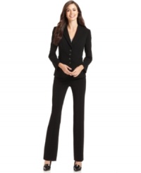 Subtle pinstripes add a menswear-inspired touch to Tahari by ASL's feminine-cut petite pantsuit. Buckle details help define the waist, too.