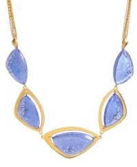 Blue is better. Kenneth Cole New York's mixed metal necklace is gold-plated and features blue resin geometric frontal beads with pave crystal accents. A gold-tone necklace chain with crystal cub chain accents holds everything together. Approximate length: 20 inches + 3-inch extender. Approximate drop: 1-1/2 inches.