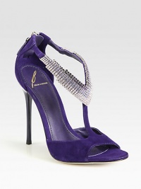 Light-catching Swarovski crystals top this elegant t-strap silhouette, rendered in lush suede. Lacquered heel, 4½ (115mm)Suede upper with Swarovski crystal embellishmentLeather lining and solePadded insoleImported