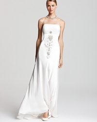 Beaded details lend a brilliant look to SW Studio by Sue Wong's strapless gown.