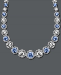 Dazzle them with an array of sparkle! Arabella's stunning collar necklace features round-cut blue Swarovski zirconias (25-1/3 ct. t.w.) and round-cut white zirconias (30-1/2 ct. t.w.) set in sterling silver. Approximate length: 17 inches.