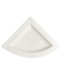 Explore new shapes for your table with Villeroy & Boch's innovative dinnerware and dishes collection in fine white china. Distinguished by angular shapes in fluid wave designs, pieces work together creating a host of options for imaginative presentation. Great for serving individual hors d'oeuvres, position four of these triangular plates together to make a round.