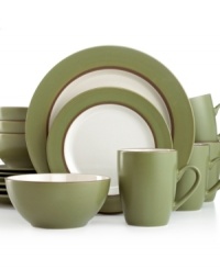 Practical and perfect for every day. Thomson Pottery's Kensington Cedar dinnerware set features durable stoneware place settings pairing glossy white interiors with swaths of matte green and cocoa accents.