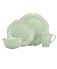 With fanciful beading and feminine shapes, Lenox French Perle place settings have an irresistibly old-fashioned sensibility. Hard-wearing stoneware is dishwasher safe and, in an ethereal ice-blue hue with antiqued trim, a graceful addition to every meal.