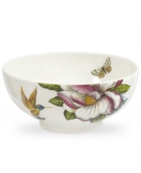 A fresh take on Portmeirion's beloved Botanic Garden dinnerware, the Botanic Hummingbird cereal bowl layers colorful wildlife on simple Portmeirion porcelain.