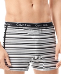 Update your underwear with a touch of style. These knit Calvin Klein boxers in ultra-soft stretch cotton jersey sport a colorful striped design and a slimmer fit.