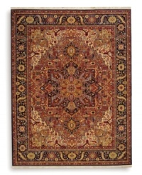 This Windsor rug from the English Manor Collection symbolizes the perfect symmetry and balance found in architecture of the infamous Windsor Castle, home to the Queen of England. This timeless design captures attention with a versatile color palette of red, indigo, ivory, yellow, caramel, terra cotta, blue and green, all specially dyed to create a graduated, vintage look. Each is woven in luxuriously soft New Zealand wool and finished with Krastan's patented Luster-Wash™ process for an antique-like find.