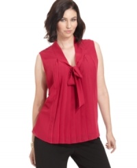 Layer your blazers with NY Collection's sleeveless plus size blouse, accented by tie neckline and pleated front.