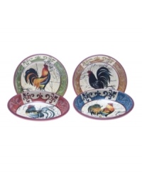 Vintage-inspired Lille Rooster bowls layer farm birds, Baroque florals and notes from France in a set shaped for modern tables but steeped in old-world charm. From Certified International.