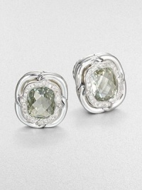 From the Labyrinth Collection. Beautiful, faceted prasiolite surrounded by dazzling diamonds and sleek sterling silver. PrasioliteDiamonds, .24 tcwSterling silverSize, about .39Omega post backImported 