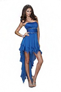 Blue Strapless Prom Dress with Ruched Bust, Sheer Chiffon Overlay