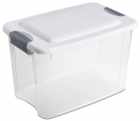 Sterilite 19858006 30-Quart Ultra Latch Box, White Lid See-Through Base with Titanium Latches, 6-Pack