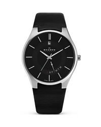 Skagen Black with Silver Steel Leather Round Watch, 40mm