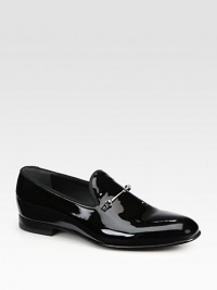 Black patent leather moccasin with silver finished horsebit detail.Leather soleMade in Italy