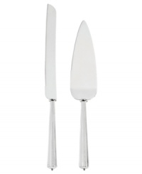 Start a sweet tradition for the bride and groom with Modern Love giftware. This cake knife and server share fluted handles and a brilliant gleam in polished silver plate, perfect for slicing their first piece of wedding cake.