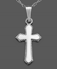 A simple necklace to keep devotion close to a little girl's heart. Cross set in 14k white gold and features beaded edge. Approximate length: 15 inches. Approximate drop: 3/4 inch.