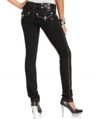 Crosshatch hardware adds a rock-chic edge to these Miss Me skinny jeans featuring a sleek black wash!