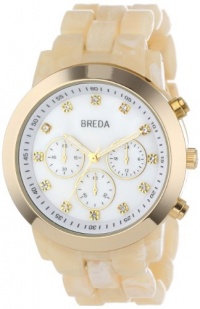 Breda Women's 2307-Horn/Gold Brooke Oversized Bezel Mother-Of-Pearl Dial Rhinestone Hour Markers Plastic Band Watch