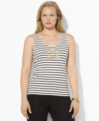 Lauren by Ralph Lauren's classic striped cotton plus size tee is embellished with a gold-tone crest at the front for regal style.