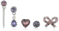 Betsey Johnson Iconic Amethyst Crystal Heart and Bow Set of 5 Stud Earrings