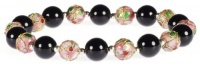 Sterling Silver Black Onyx with Pink Cloisonne Elastic Bracelet