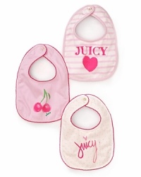 A set of three adorable Juicy Couture bibs with cherry graphics and snap closures.