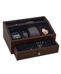 Get him to unload his pockets in one place! Rich mahogany wood and plush suede lining make the Jackson jewelry chest from Reed & Barton the best place to put a wallet, cell phone, change and more. With a divided drawer for rings and chains.