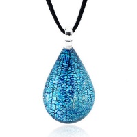 Chuvora Hand Blown Venetian Murano Glass Pendant Necklace Blue and Silver Drop Shaped