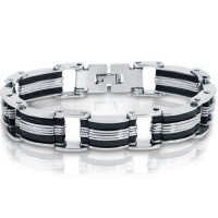 Stainless Steel with Black Rubber Mens Chain Link Bracelet 8 inch