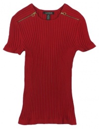 Lauren Ralph Lauren Women's Ribbed Zip-Shoulder Crewneck Sweater (X-Large, Cherry Red)