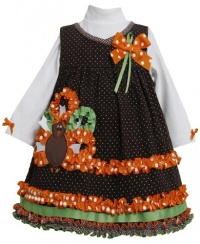 Bonnie Jean Girls 4-6x Brown Ribbon Turkey Thanksgiving Jumper Dress set, 5